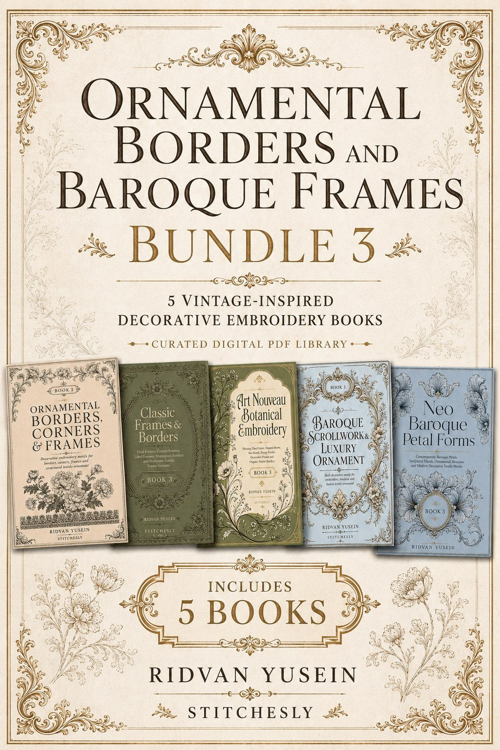 Digital PDF embroidery design bundle cover preview for Ornamental Borders & Baroque Frames Bundle 3, featuring curated embroidery patterns, motif library references and textile… - preview 1