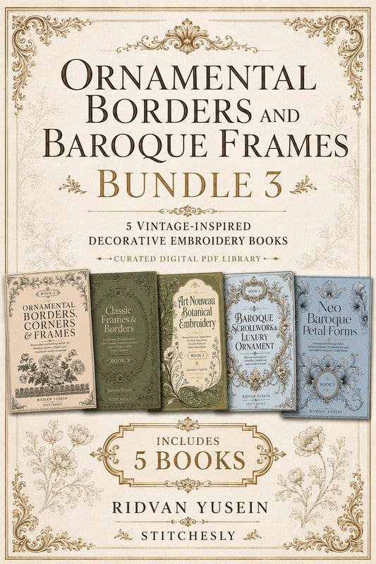 Digital PDF embroidery design bundle cover preview for Ornamental Borders & Baroque Frames Bundle 3, featuring curated embroidery patterns, motif library references and textile… - preview 1