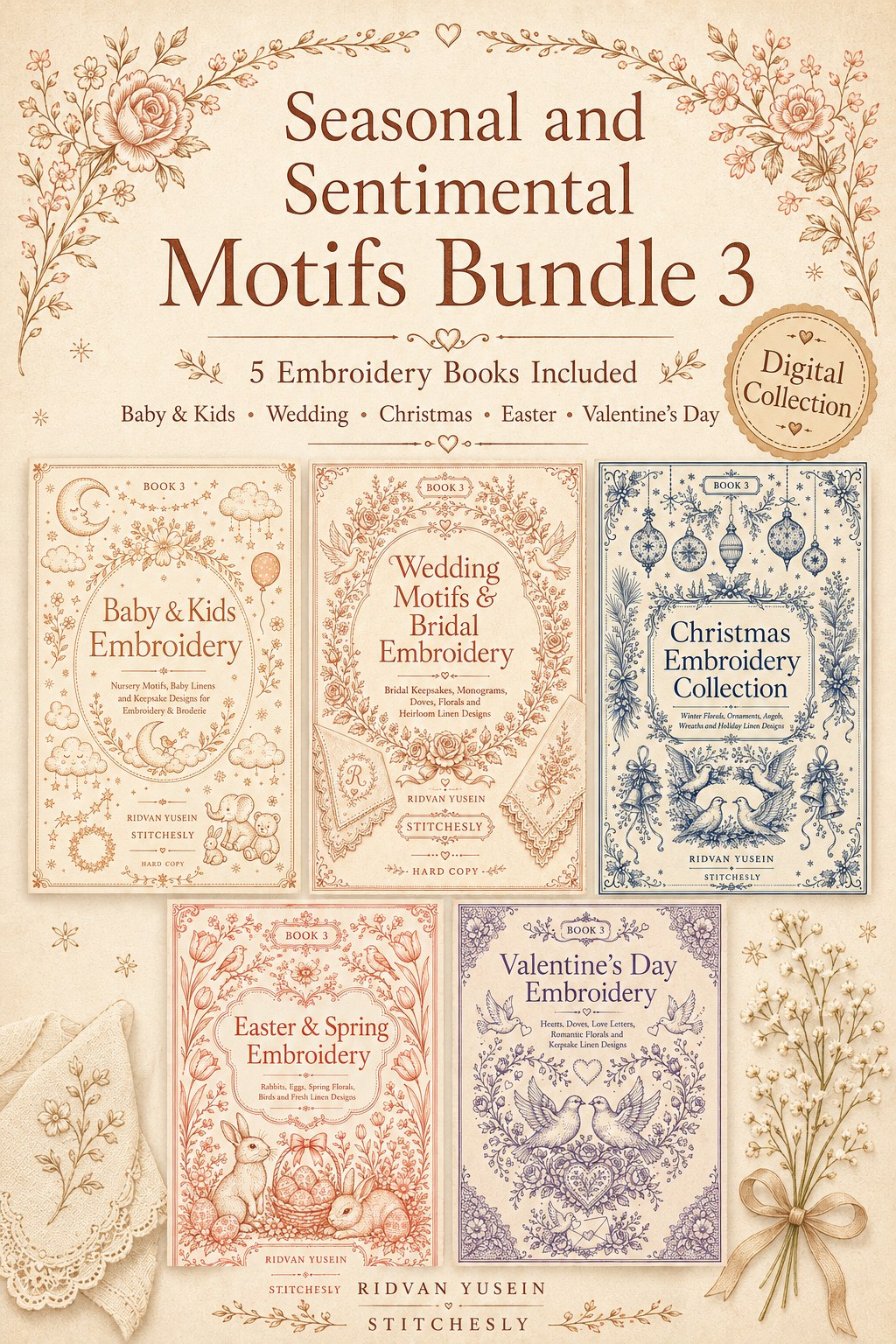 Digital PDF embroidery design bundle cover preview for Seasonal & Sentimental Motifs Bundle 3, featuring curated embroidery patterns, motif library references and textile design… - preview 1