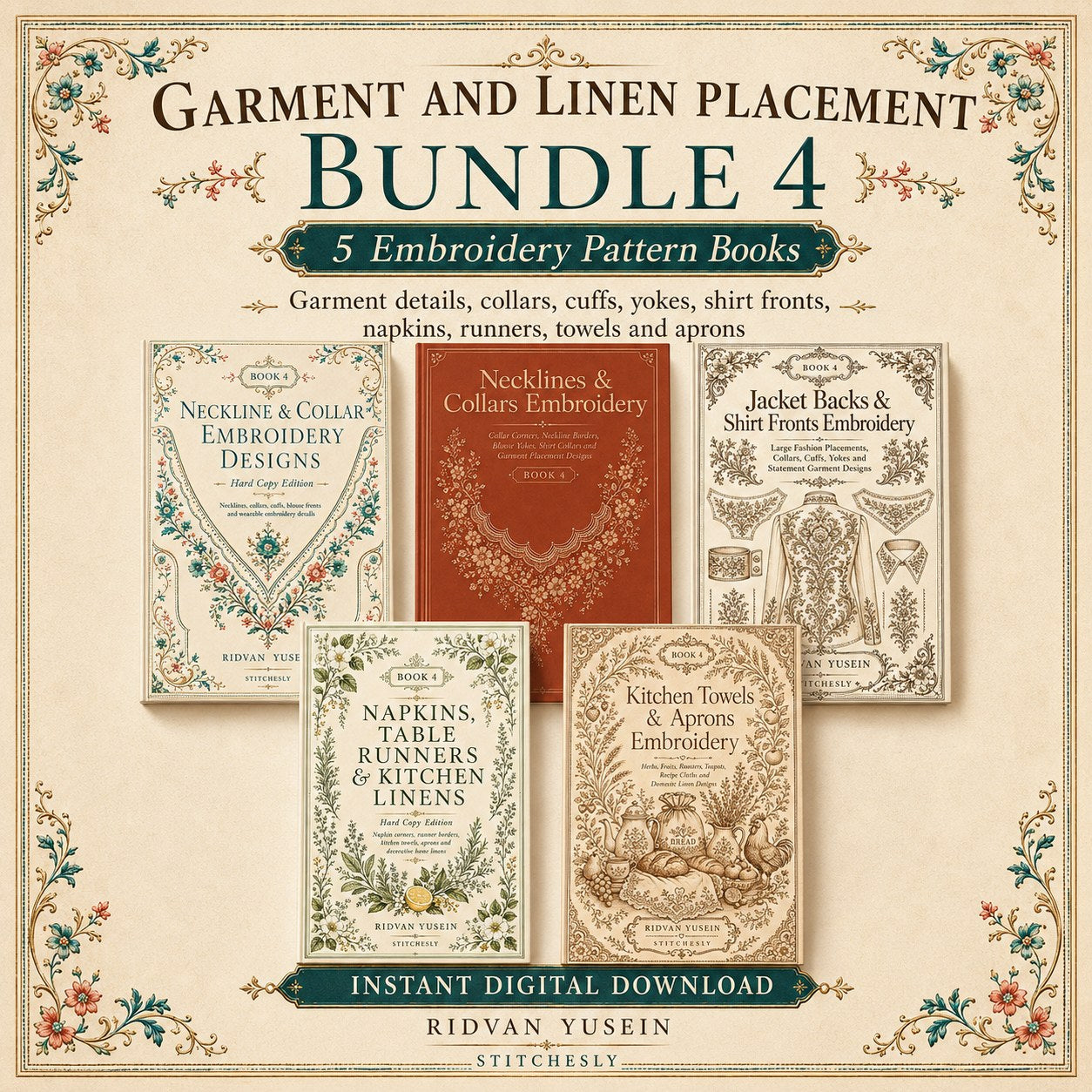Digital PDF embroidery design bundle cover preview for Garment & Linen Placement Bundle 4, featuring curated embroidery patterns, motif library references and textile design… - preview 1