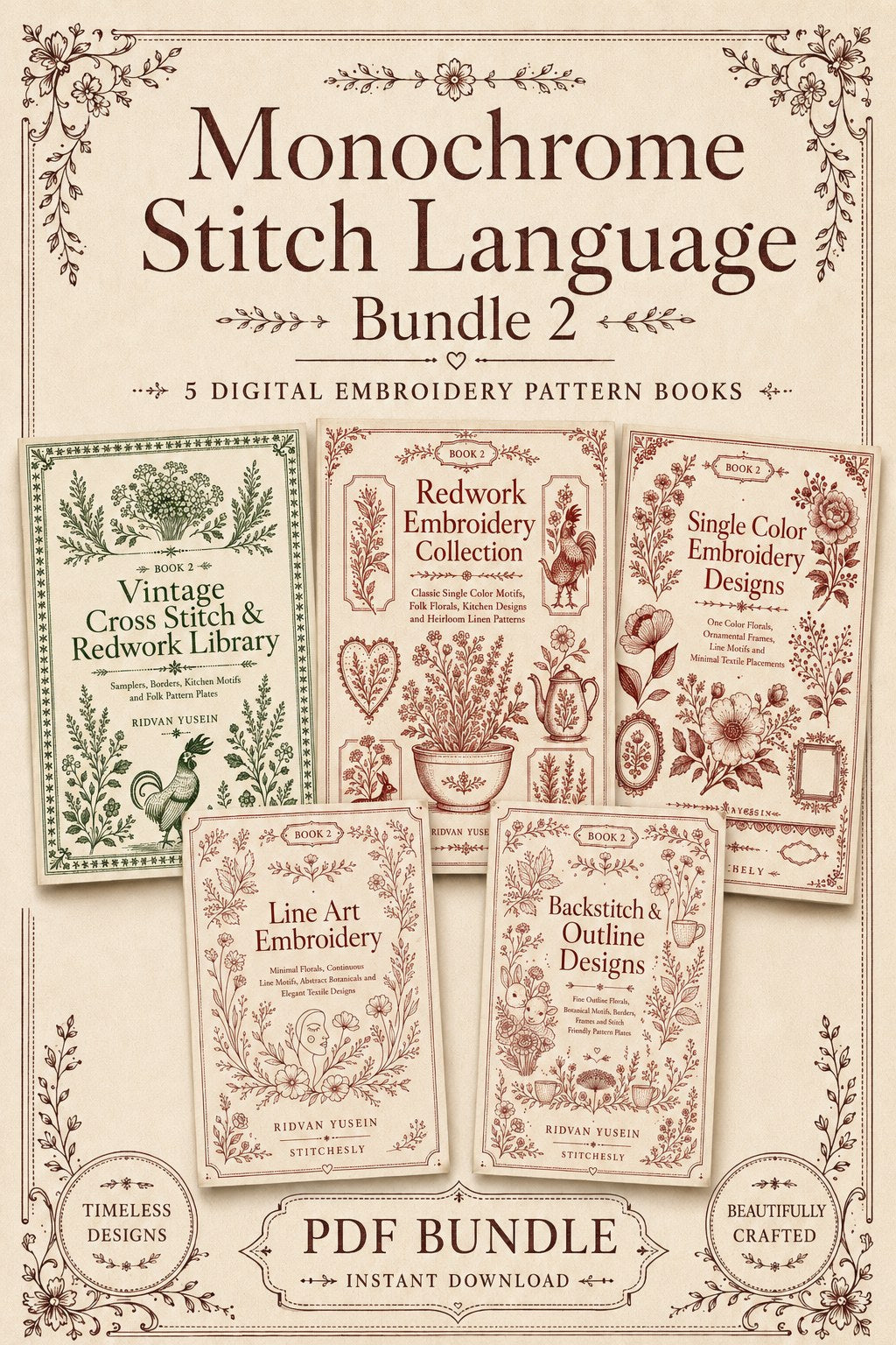 Digital PDF embroidery design bundle cover preview for Monochrome Stitch Language Bundle 2, featuring curated embroidery patterns, motif library references and textile design… - preview 1