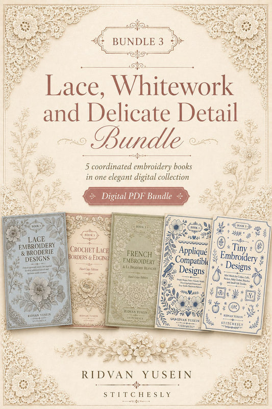 Digital PDF embroidery design bundle cover preview for Lace, Whitework & Delicate Detail Bundle 3, featuring curated embroidery patterns, motif library references and textile… - preview 1