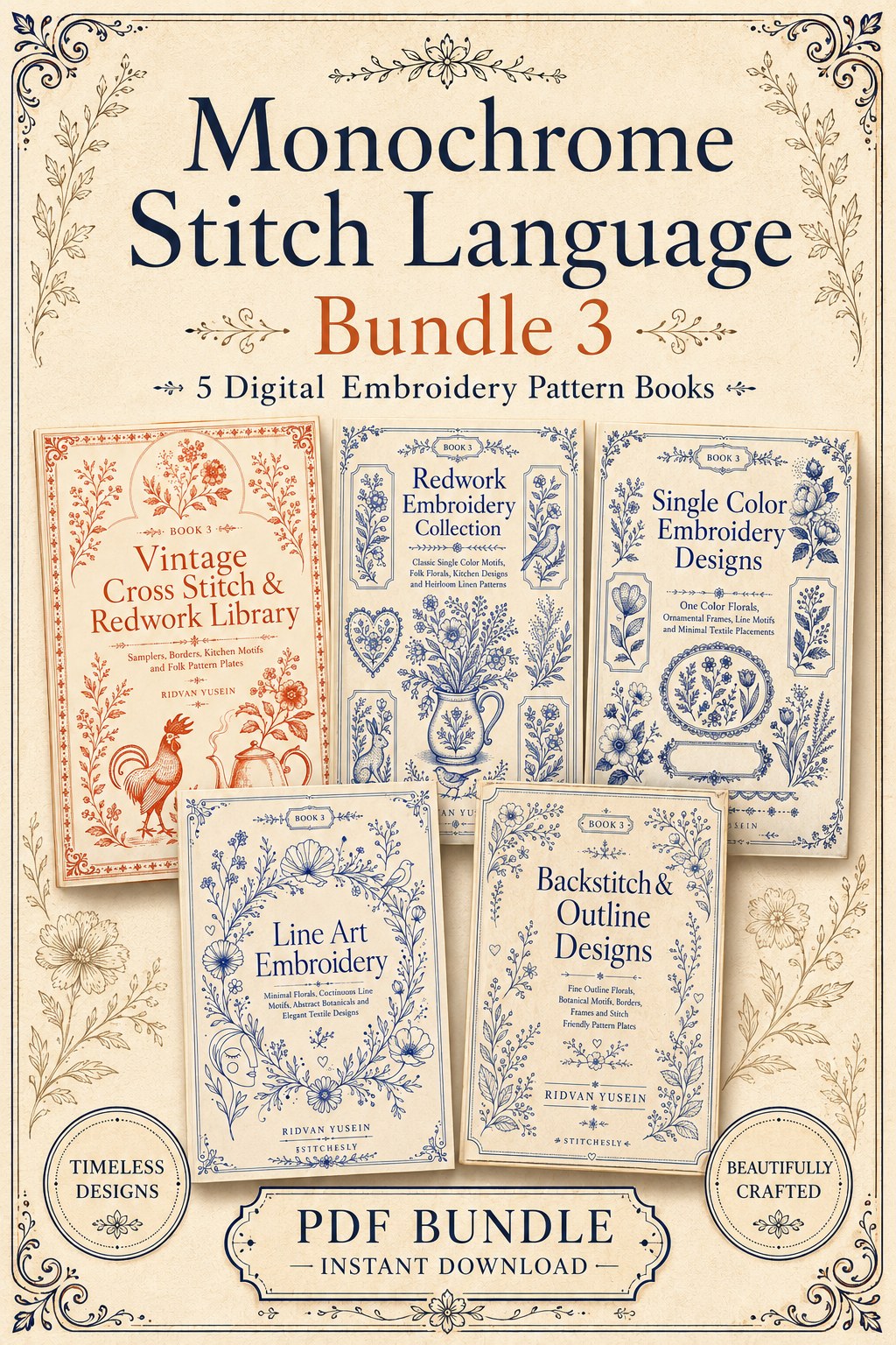 Digital PDF embroidery design bundle cover preview for Monochrome Stitch Language Bundle 3, featuring curated embroidery patterns, motif library references and textile design… - preview 1