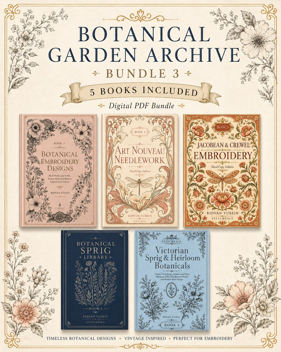 Digital PDF embroidery design bundle cover preview for Botanical Garden Archive Bundle 3, featuring curated embroidery patterns, motif library references and textile design… - preview 1