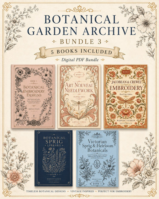 Digital PDF embroidery design bundle cover preview for Botanical Garden Archive Bundle 3, featuring curated embroidery patterns, motif library references and textile design… - preview 1