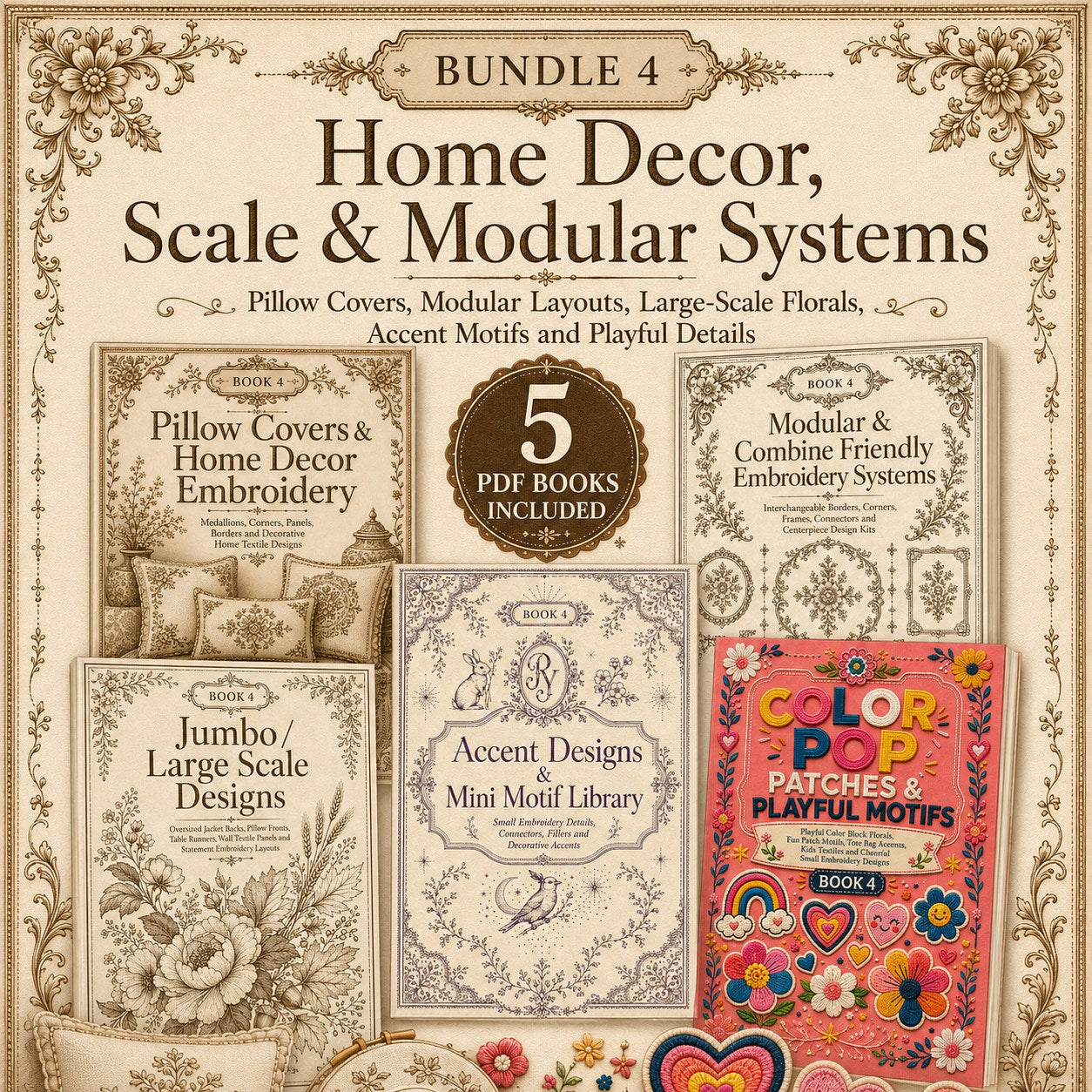 Digital PDF embroidery design bundle cover preview for Home Decor, Scale & Modular Systems Bundle 4, featuring curated embroidery patterns, motif library references and textile… - preview 1