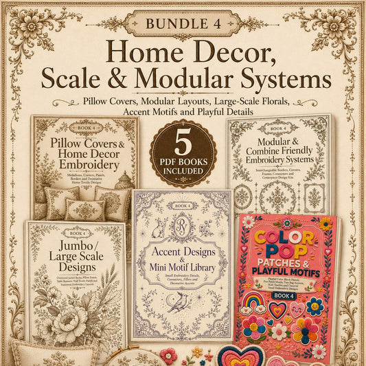 Digital PDF embroidery design bundle cover preview for Home Decor, Scale & Modular Systems Bundle 4, featuring curated embroidery patterns, motif library references and textile… - preview 1