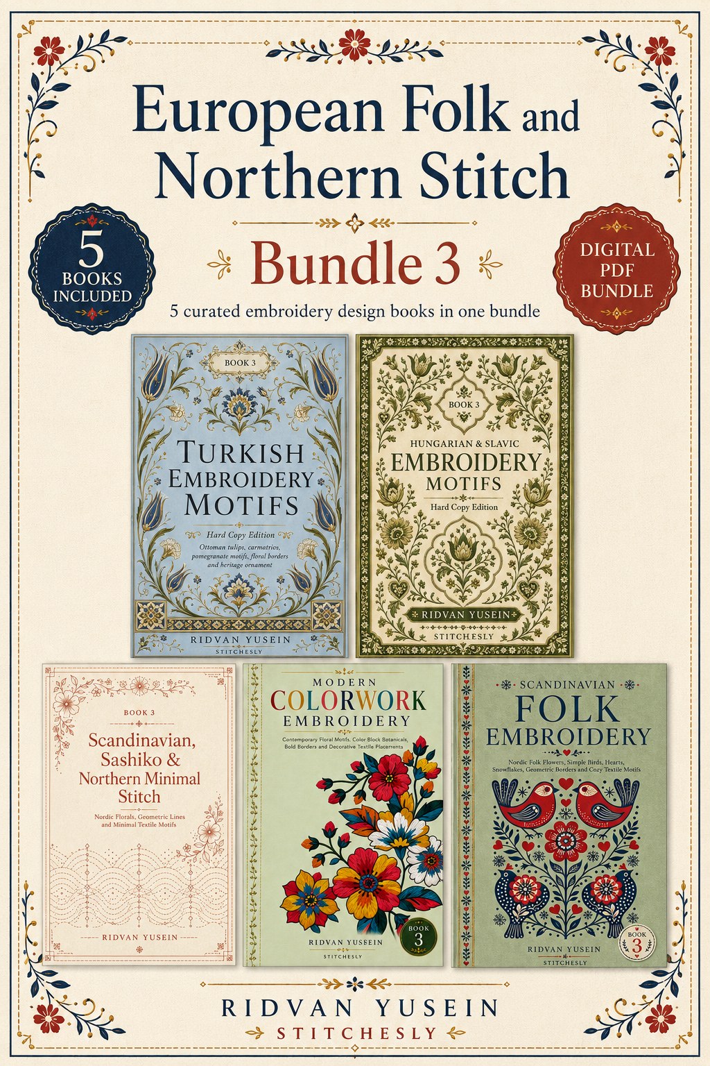 Digital PDF embroidery design bundle cover preview for European Folk & Northern Stitch Bundle 3, featuring curated embroidery patterns, motif library references and textile… - preview 1