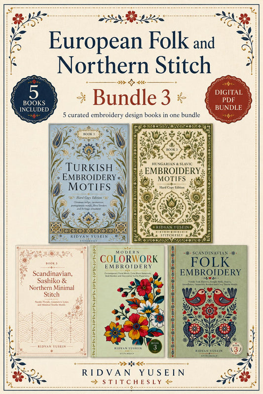 Digital PDF embroidery design bundle cover preview for European Folk & Northern Stitch Bundle 3, featuring curated embroidery patterns, motif library references and textile… - preview 1