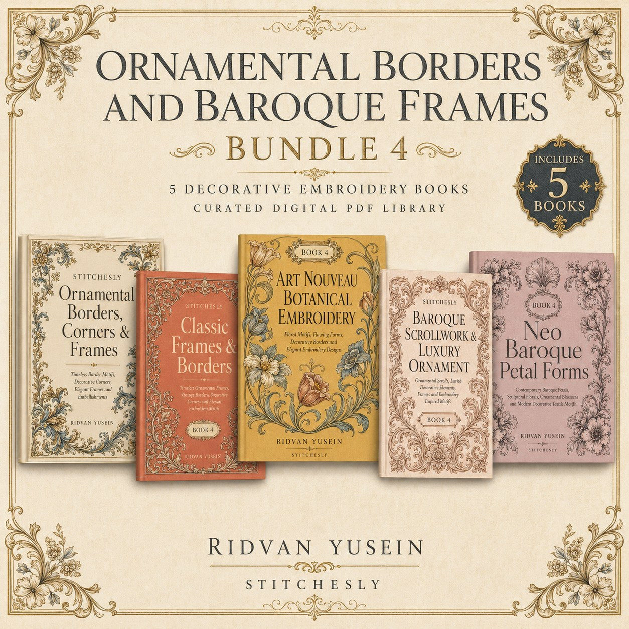 Digital PDF embroidery design bundle cover preview for Ornamental Borders & Baroque Frames Bundle 4, featuring curated embroidery patterns, motif library references and textile… - preview 1