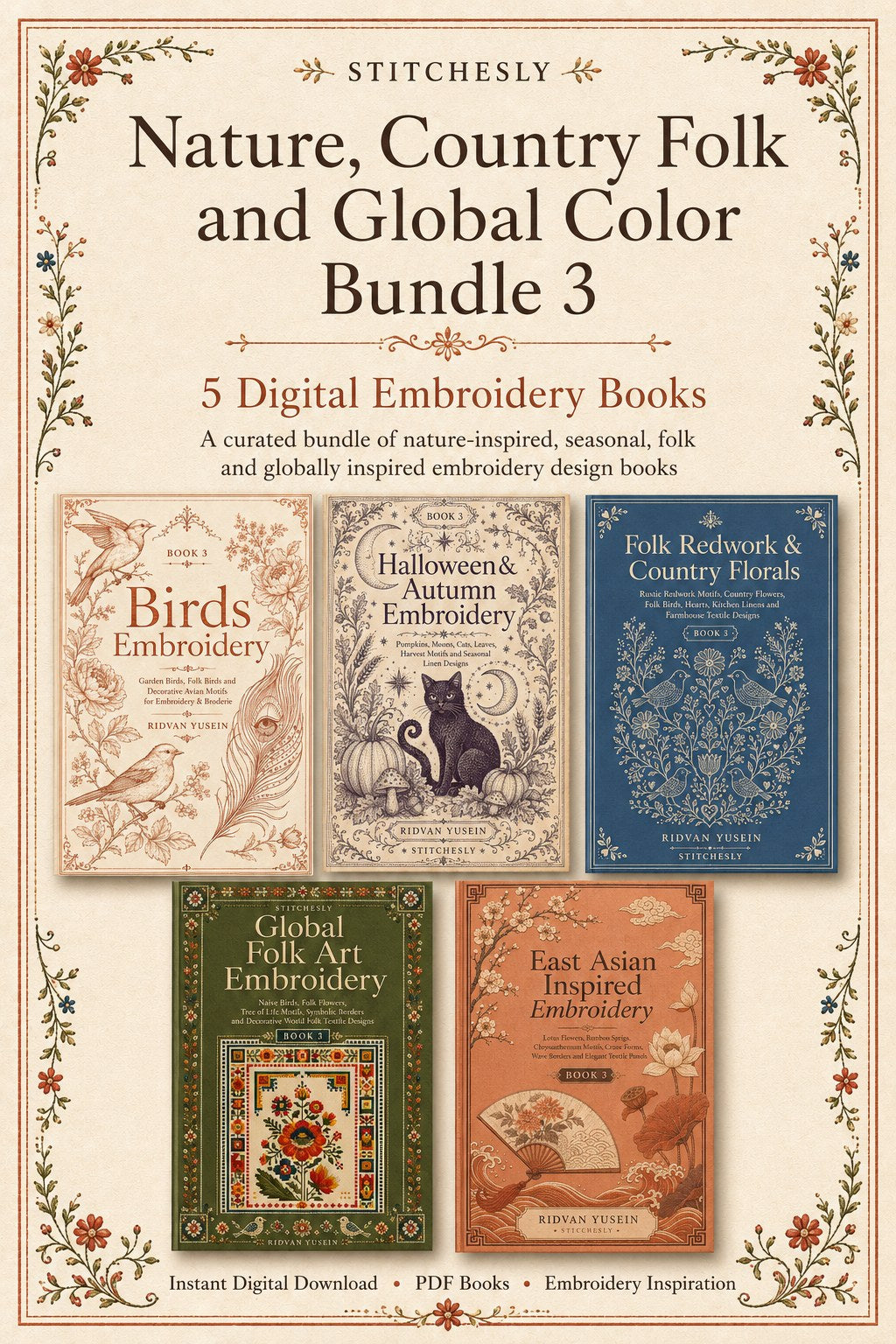 Digital PDF embroidery design bundle cover preview for Nature, Country Folk & Global Color Bundle 3, featuring curated embroidery patterns, motif library references and textile… - preview 1