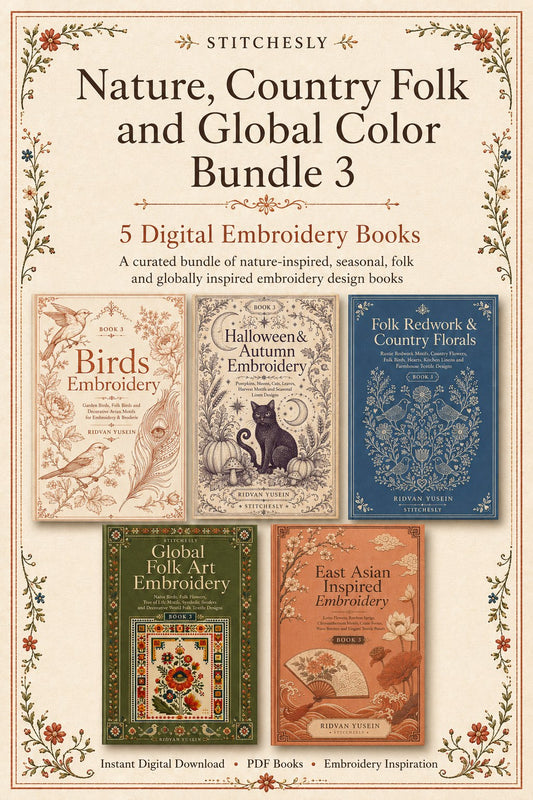Digital PDF embroidery design bundle cover preview for Nature, Country Folk & Global Color Bundle 3, featuring curated embroidery patterns, motif library references and textile… - preview 1
