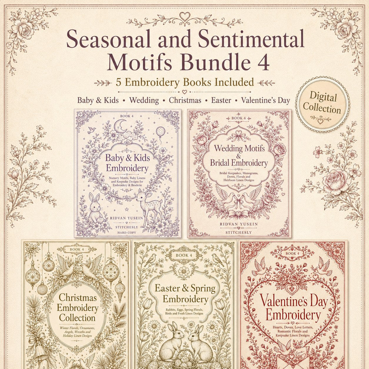 Digital PDF embroidery design bundle cover preview for Seasonal & Sentimental Motifs Bundle 4, featuring curated embroidery patterns, motif library references and textile design… - preview 1