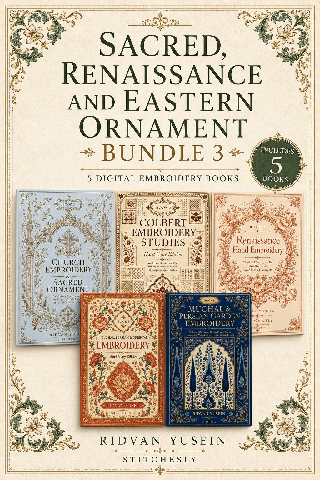 Digital PDF embroidery design bundle cover preview for Sacred, Renaissance & Eastern Ornament Bundle 3, featuring curated embroidery patterns, motif library references and… - preview 1