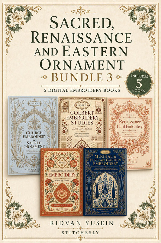 Digital PDF embroidery design bundle cover preview for Sacred, Renaissance & Eastern Ornament Bundle 3, featuring curated embroidery patterns, motif library references and… - preview 1