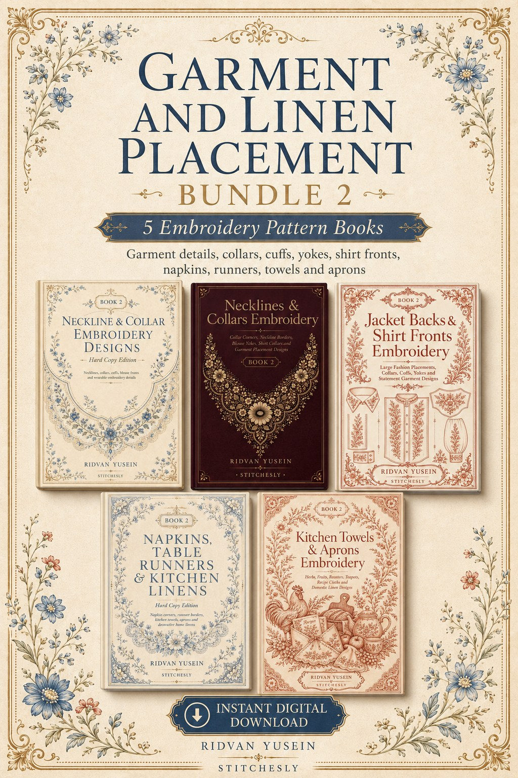 Digital PDF embroidery design bundle cover preview for Garment & Linen Placement Bundle 2, featuring curated embroidery patterns, motif library references and textile design… - preview 1