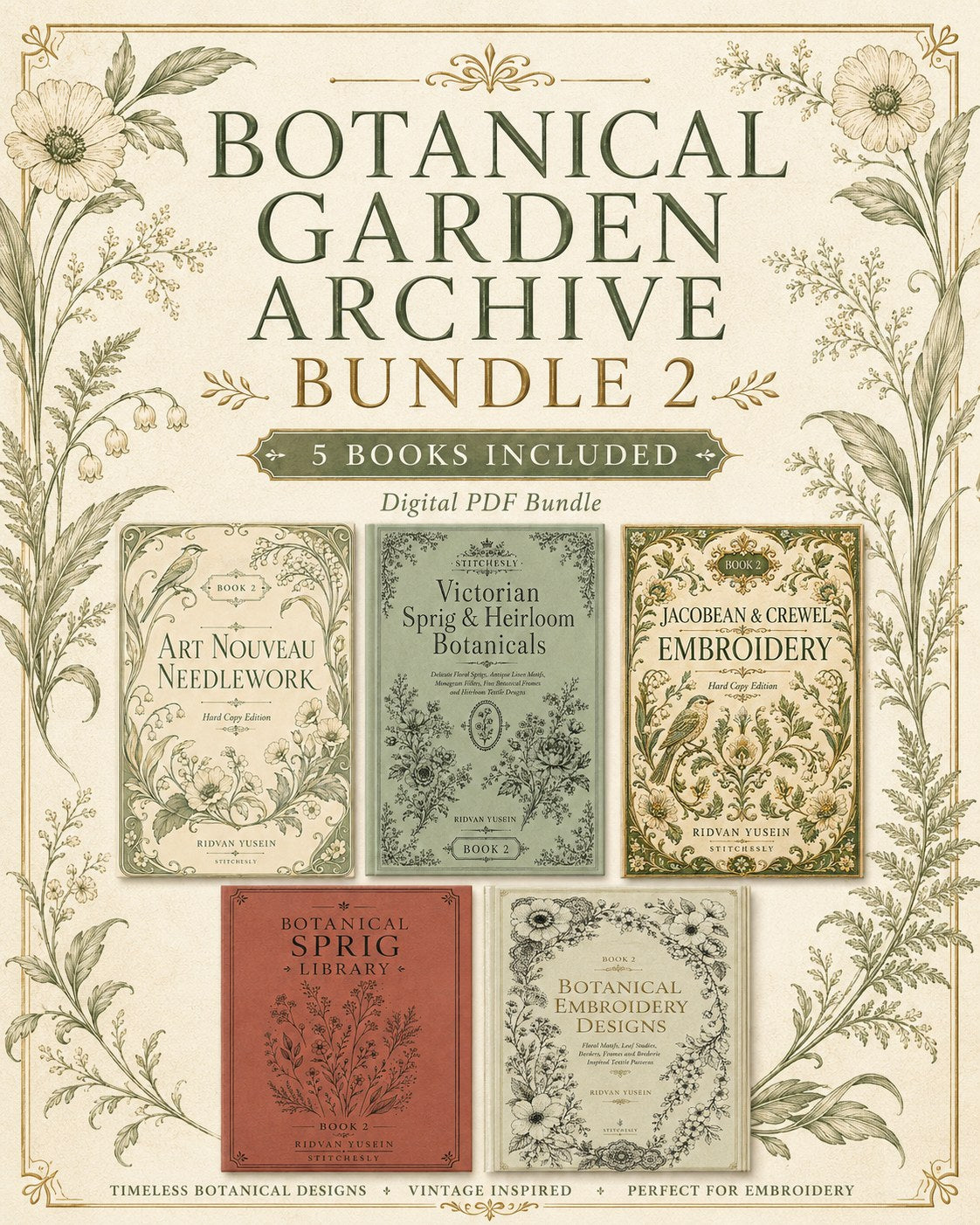 Digital PDF embroidery design bundle cover preview for Botanical Garden Archive Bundle 2, featuring curated embroidery patterns, motif library references and textile design… - preview 1