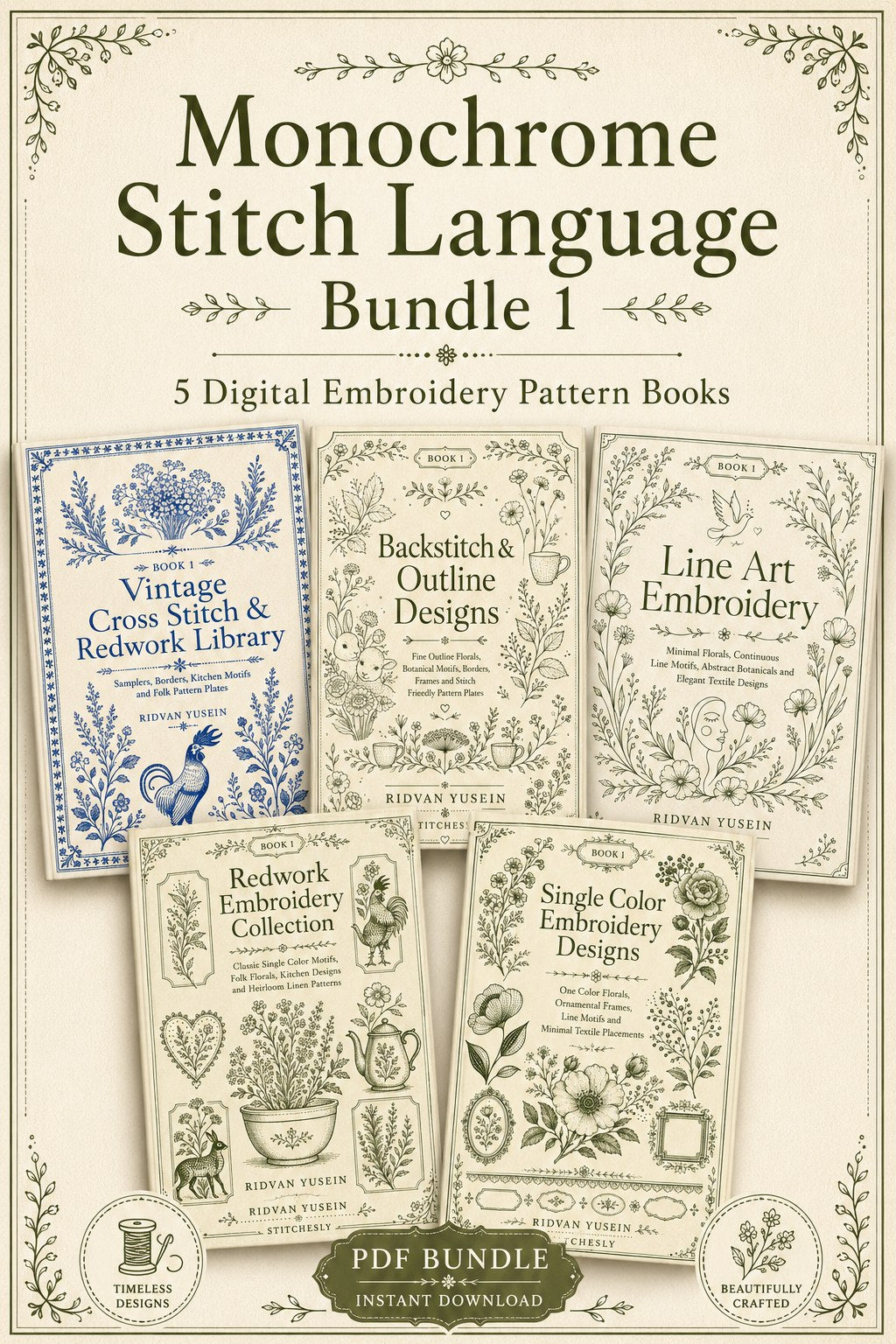 Digital PDF embroidery design bundle cover preview for Monochrome Stitch Language Bundle 1, featuring curated embroidery patterns, motif library references and textile design… - preview 1