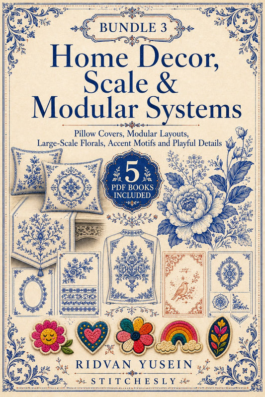 Digital PDF embroidery design bundle cover preview for Home Decor, Scale & Modular Systems Bundle 3, featuring curated embroidery patterns, motif library references and textile… - preview 1