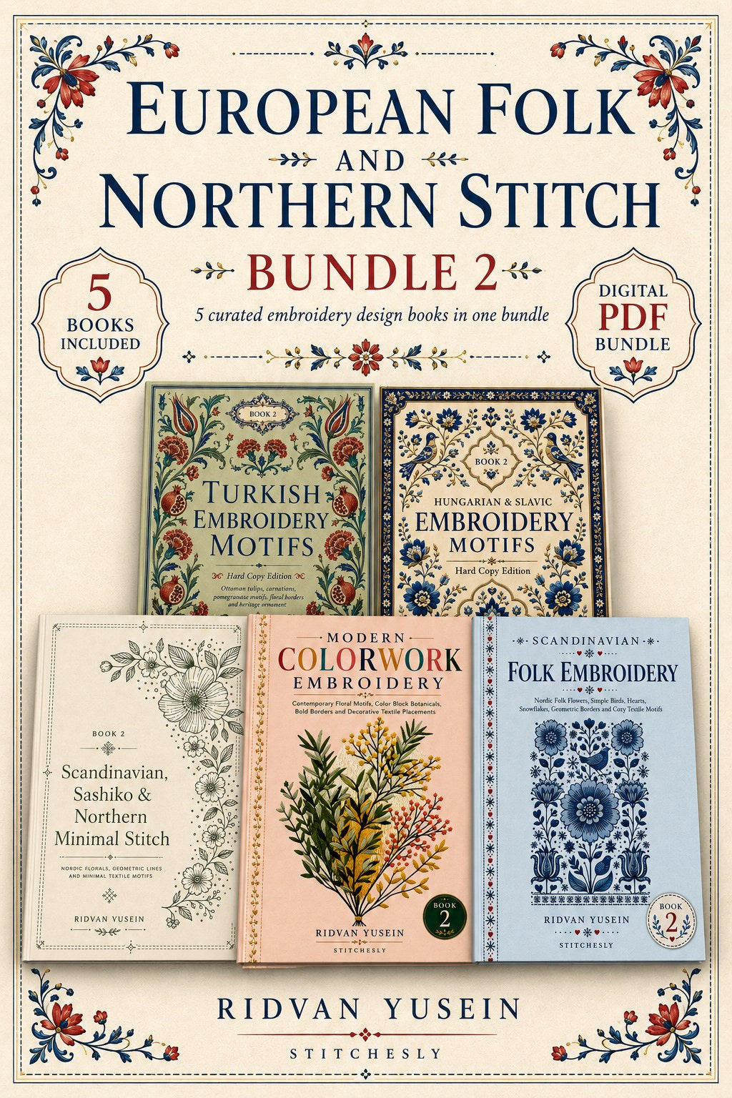 Digital PDF embroidery design bundle cover preview for European Folk & Northern Stitch Bundle 2, featuring curated embroidery patterns, motif library references and textile… - preview 1