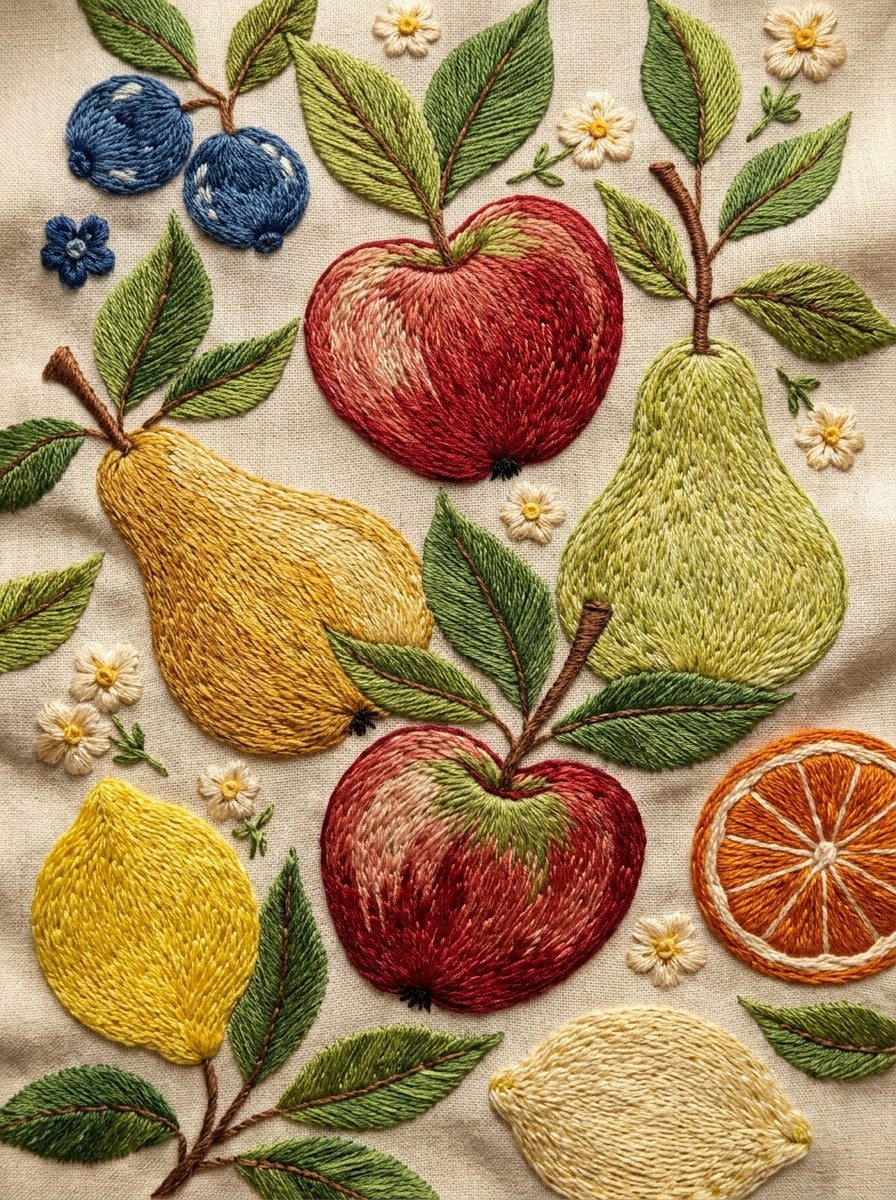 Market Bag Fruit Motif Kitchen from Kitchen Towels & Aprons Embroidery Book 2, a digital embroidery design reference for machine embroidery designs, embroidery patterns and linen and home textile projects.