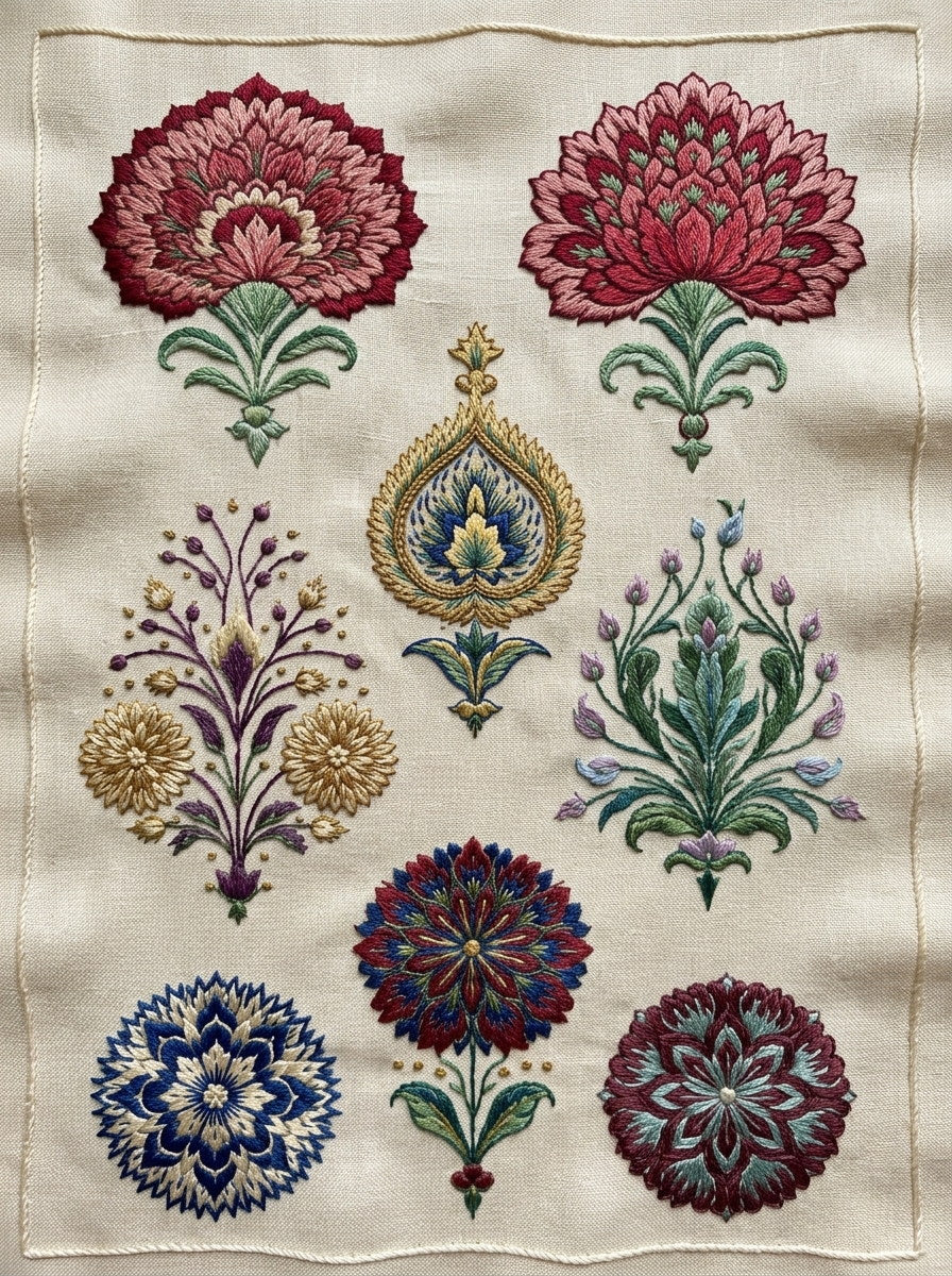 Medallions Rosettes And Garden Symmetry from Mughal & Persian Garden Embroidery Book 1, a digital embroidery design reference for machine embroidery designs, embroidery patterns and botanical and floral embroidery.