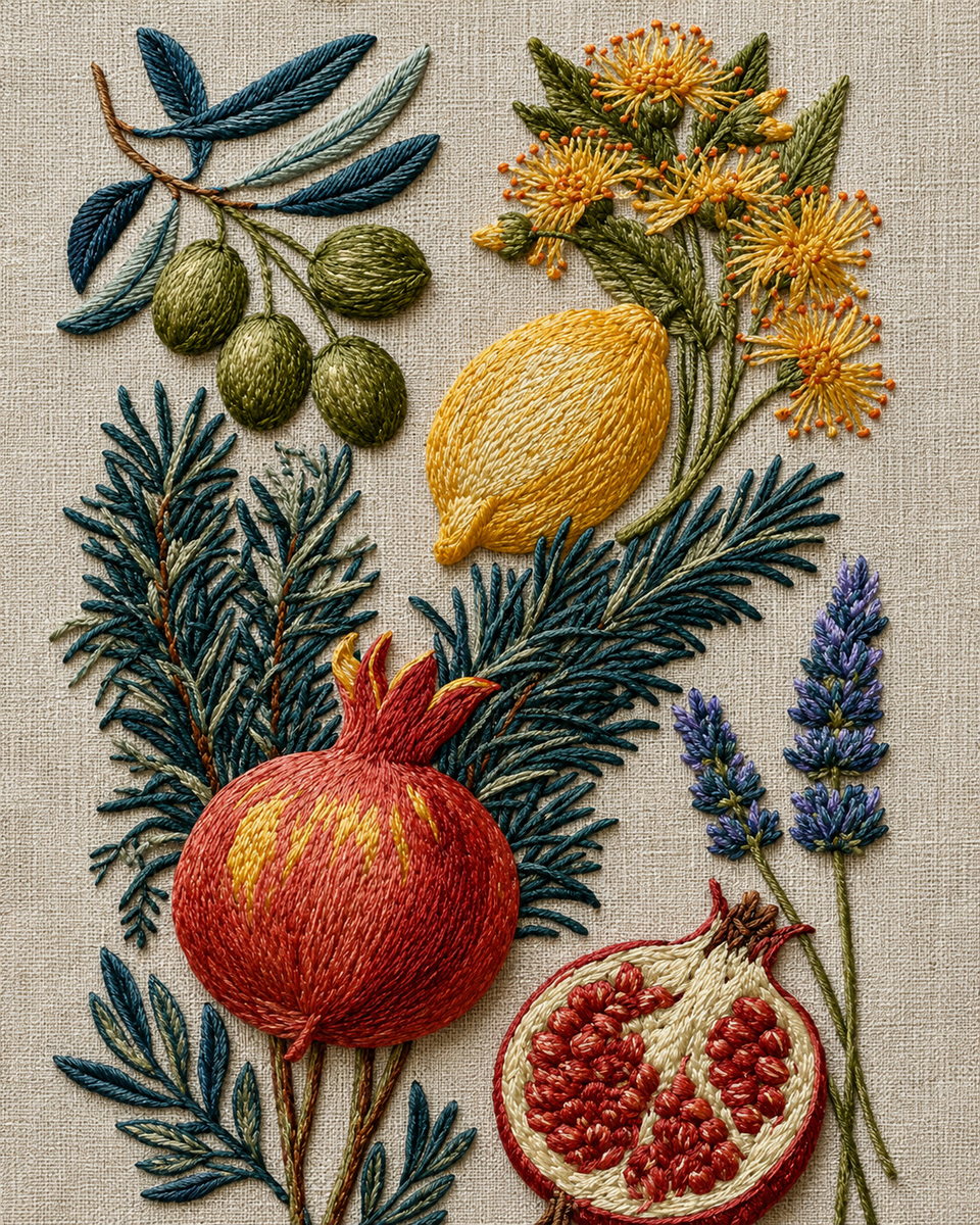 Mediterranean Kitchen Linen Set from Napkins, Table Runners & Kitchen Linens Book 1, a digital embroidery design reference for machine embroidery designs, embroidery patterns and border and edge embroidery.