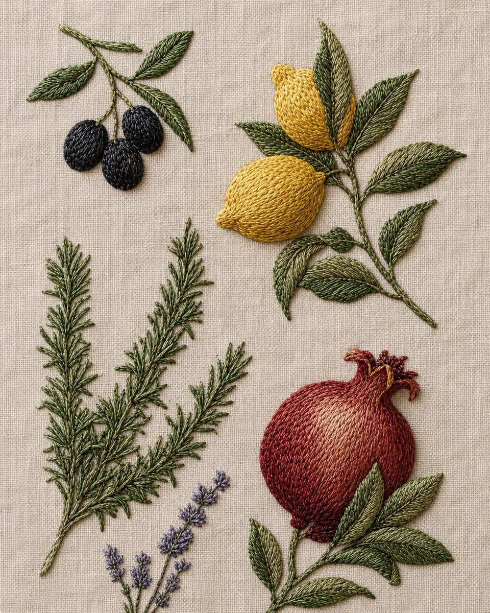 Mediterranean Kitchen Linen Set from Napkins, Table Runners & Kitchen Linens Book 2, a digital embroidery design reference for machine embroidery designs, embroidery patterns and border and edge embroidery.
