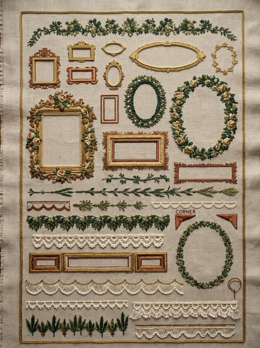 Mini And Large Frame Sampler 02 from Classic Frames & Borders Book 5, a digital embroidery design reference for machine embroidery designs, embroidery patterns and border and edge embroidery.