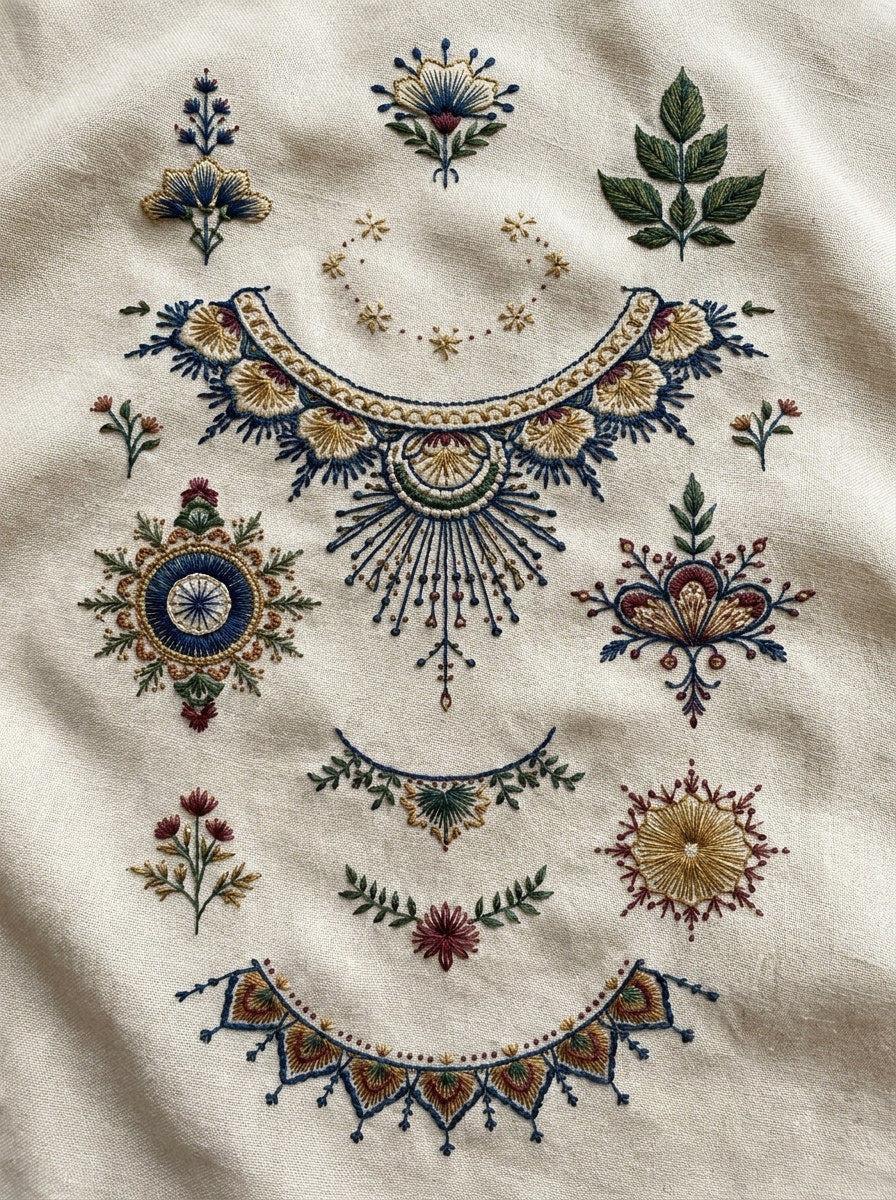 Minimal Monogram And Decorative Neckline from Necklines & Collars Embroidery Book 4, a digital embroidery design reference for machine embroidery designs, embroidery patterns and frames and monogram spaces.