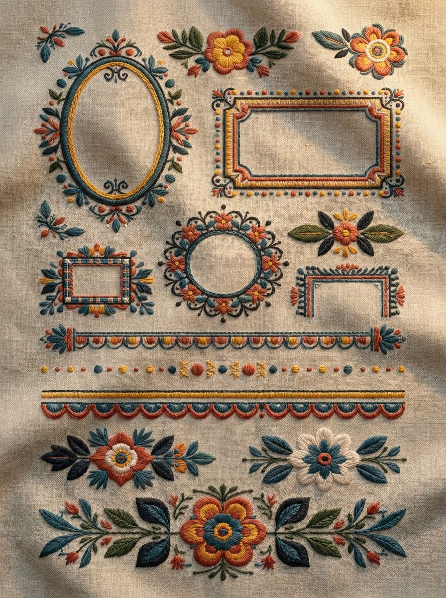 Modern Colorwork Border Frame System from Modern Colorwork Embroidery Book 3, a digital embroidery design reference for machine embroidery designs, embroidery patterns and border and edge embroidery.