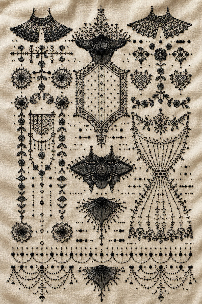 Modular Garment Placement Library Plate 1 from Modular & Combine Friendly Embroidery Systems Book 3, a digital embroidery design reference for machine embroidery designs, embroidery patterns and lace and broderie details.