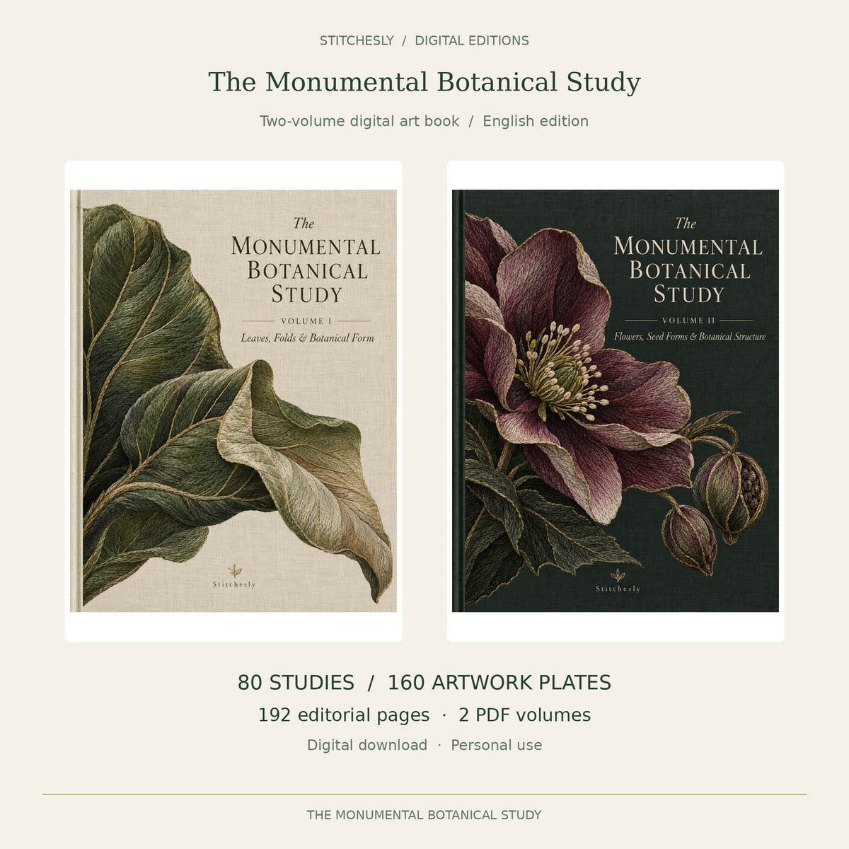 The Monumental Botanical Study digital book, showing the verified Volume I and Volume II front covers; 80 studies, 160 artwork plates and 192 editorial pages.