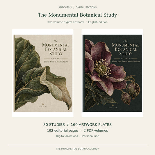 The Monumental Botanical Study digital book, showing the verified Volume I and Volume II front covers; 80 studies, 160 artwork plates and 192 editorial pages.