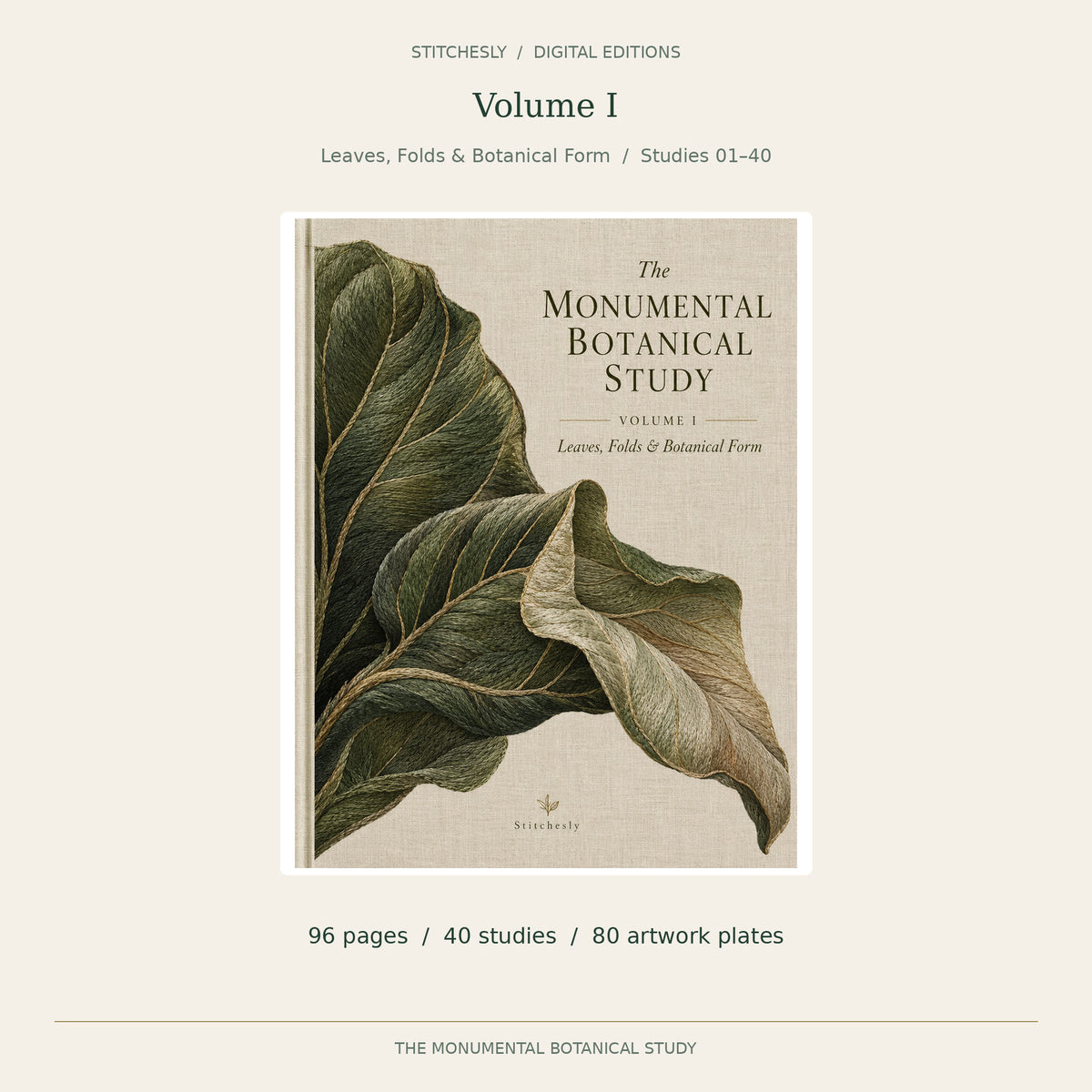 Verified Volume I front cover of The Monumental Botanical Study. Leaves, Folds & Botanical Form  /  Studies 01–40. 96 editorial pages, 40 studies and 80 artwork plates.