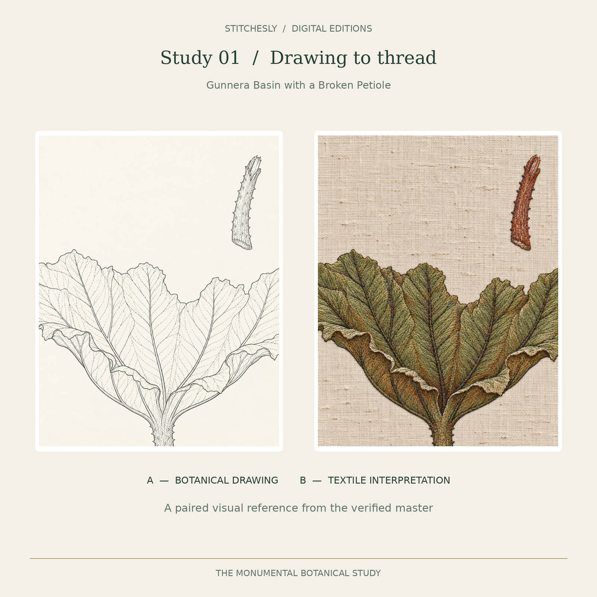 Study 01, Gunnera Basin with a Broken Petiole: A botanical drawing on the left and B embroidered textile interpretation on the right, reproduced from the verified Monumental Botanicals master.