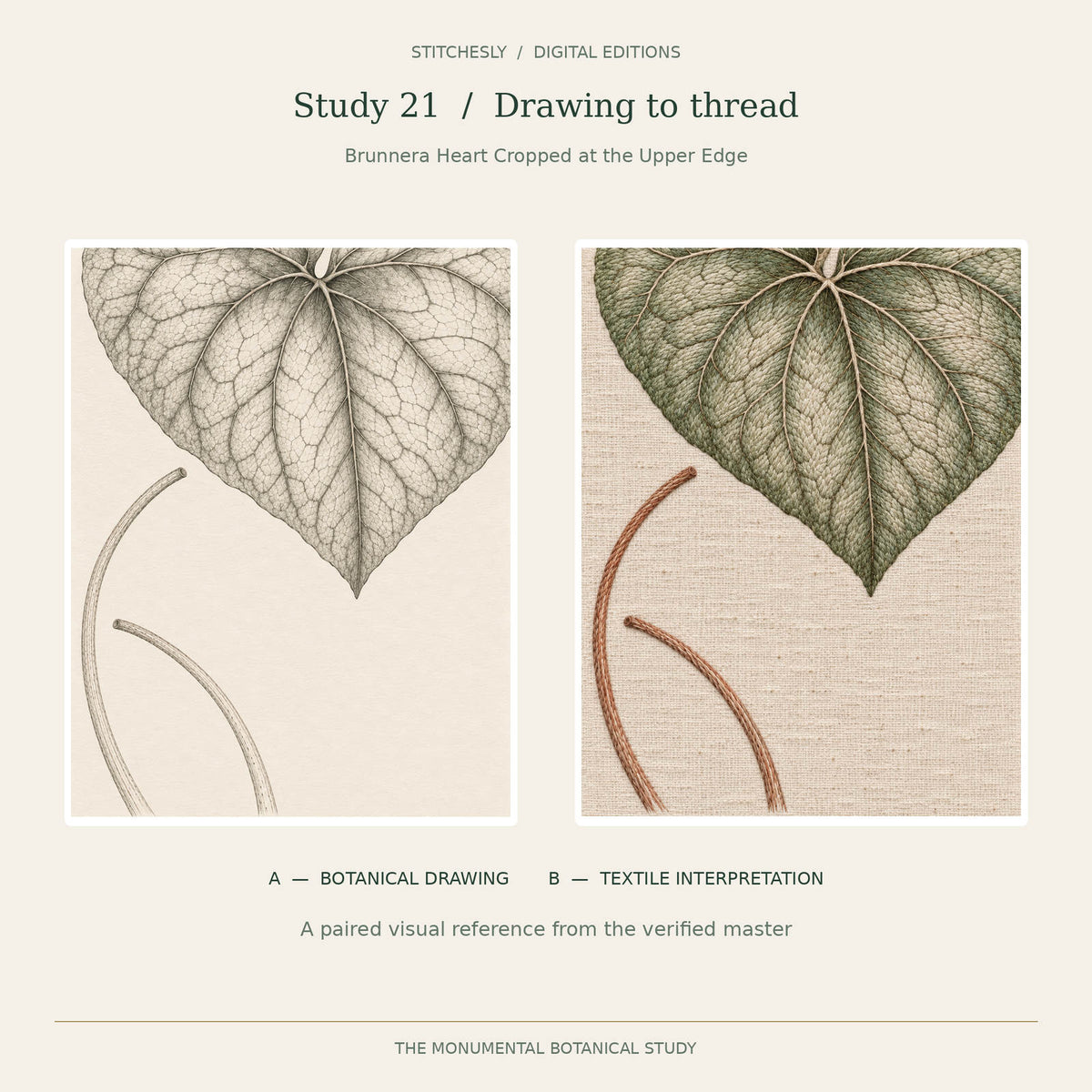 Study 21, Brunnera Heart Cropped at the Upper Edge: A botanical drawing on the left and B embroidered textile interpretation on the right, reproduced from the verified Monumental Botanicals master.