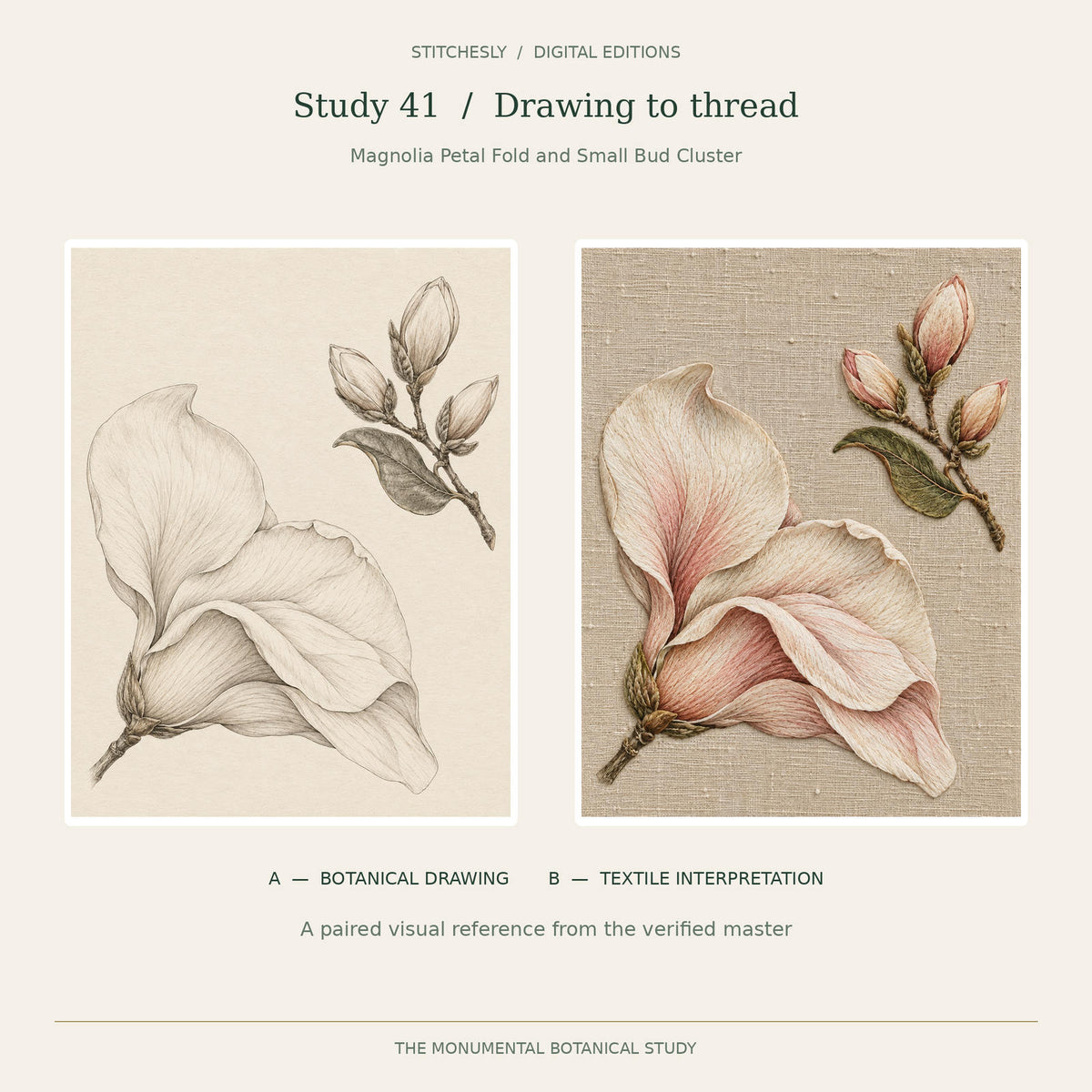 Study 41, Magnolia Petal Fold and Small Bud Cluster: A botanical drawing on the left and B embroidered textile interpretation on the right, reproduced from the verified Monumental Botanicals master.