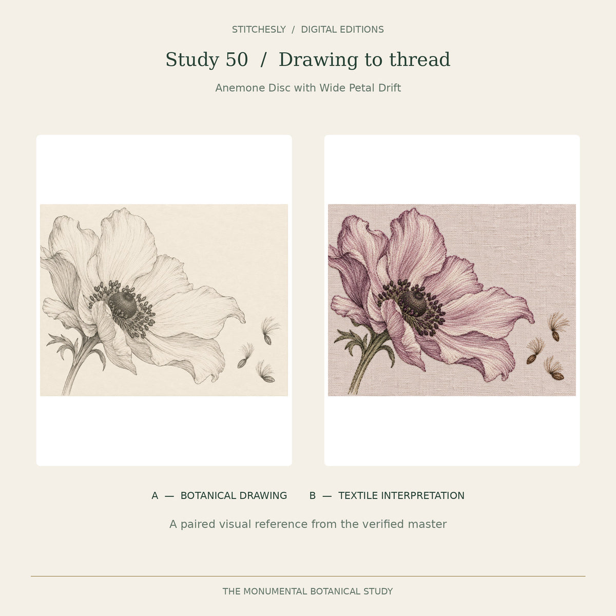 Study 50, Anemone Disc with Wide Petal Drift: A botanical drawing on the left and B embroidered textile interpretation on the right, reproduced from the verified Monumental Botanicals master.