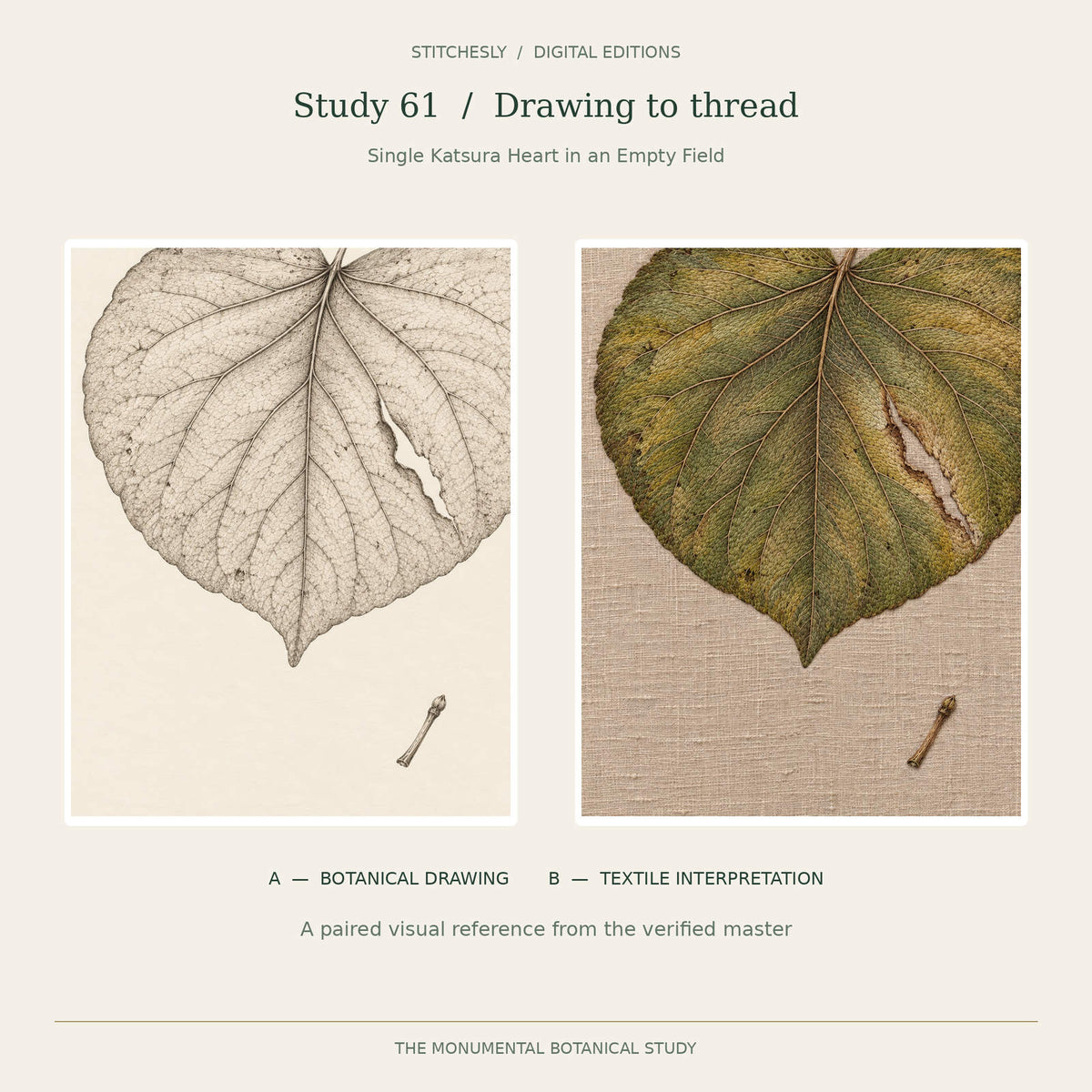 Study 61, Single Katsura Heart in an Empty Field: A botanical drawing on the left and B embroidered textile interpretation on the right, reproduced from the verified Monumental Botanicals master.