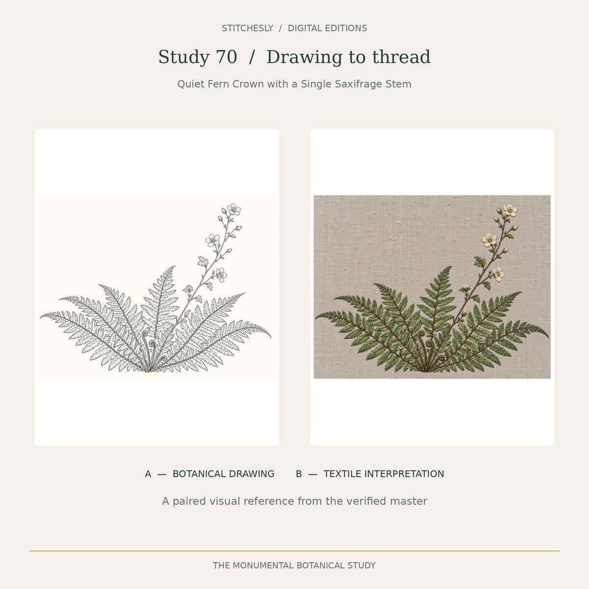 Study 70, Quiet Fern Crown with a Single Saxifrage Stem: A botanical drawing on the left and B embroidered textile interpretation on the right, reproduced from the verified Monumental Botanicals master.