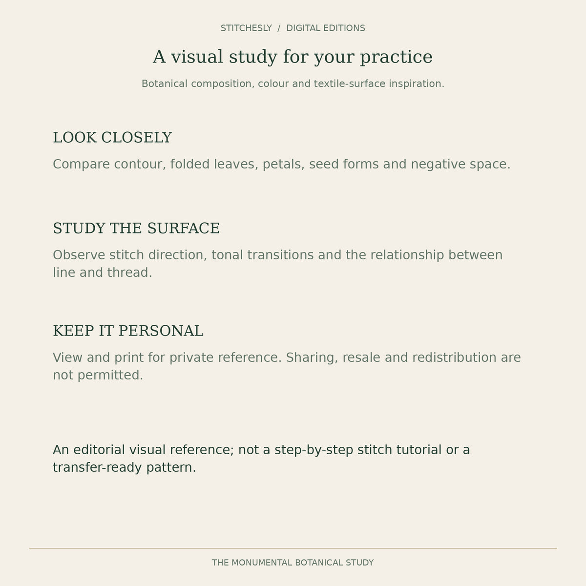 Personal-use visual reference for botanical composition, colour, stitch direction and textile surface study. Not a step-by-step stitch tutorial or transfer-ready embroidery pattern; sharing and resale are not permitted.