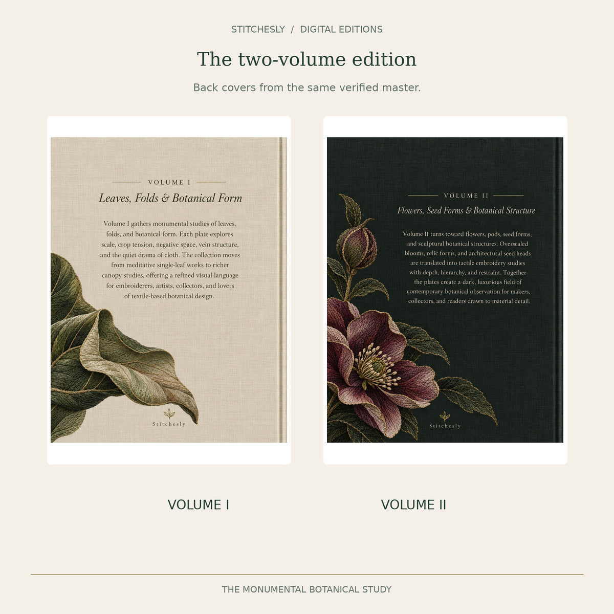 Verified Volume I and Volume II back covers of The Monumental Botanical Study, shown side by side from the approved 2026-10-12 master.