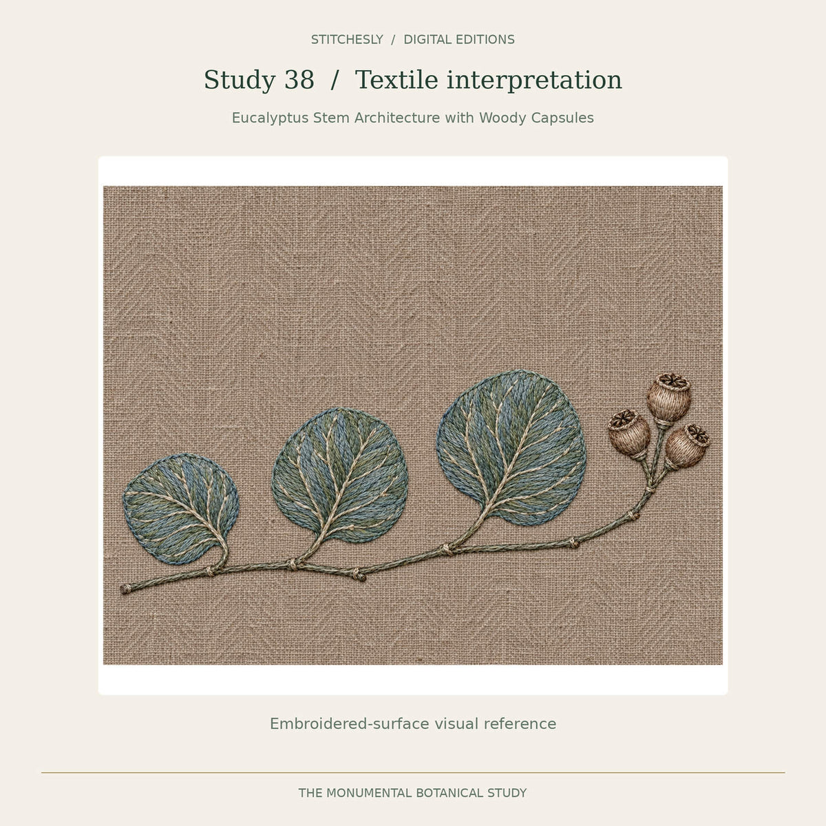 Study 38, Eucalyptus Stem Architecture with Woody Capsules, B embroidered textile interpretation from The Monumental Botanical Study. Full artwork shown with its original proportions.