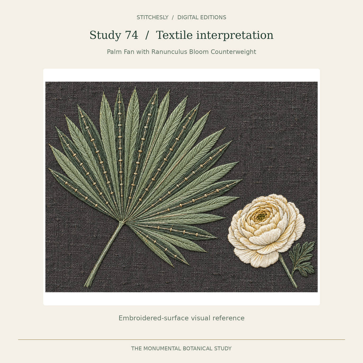 Study 74, Palm Fan with Ranunculus Bloom Counterweight, B embroidered textile interpretation from The Monumental Botanical Study. Full artwork shown with its original proportions.