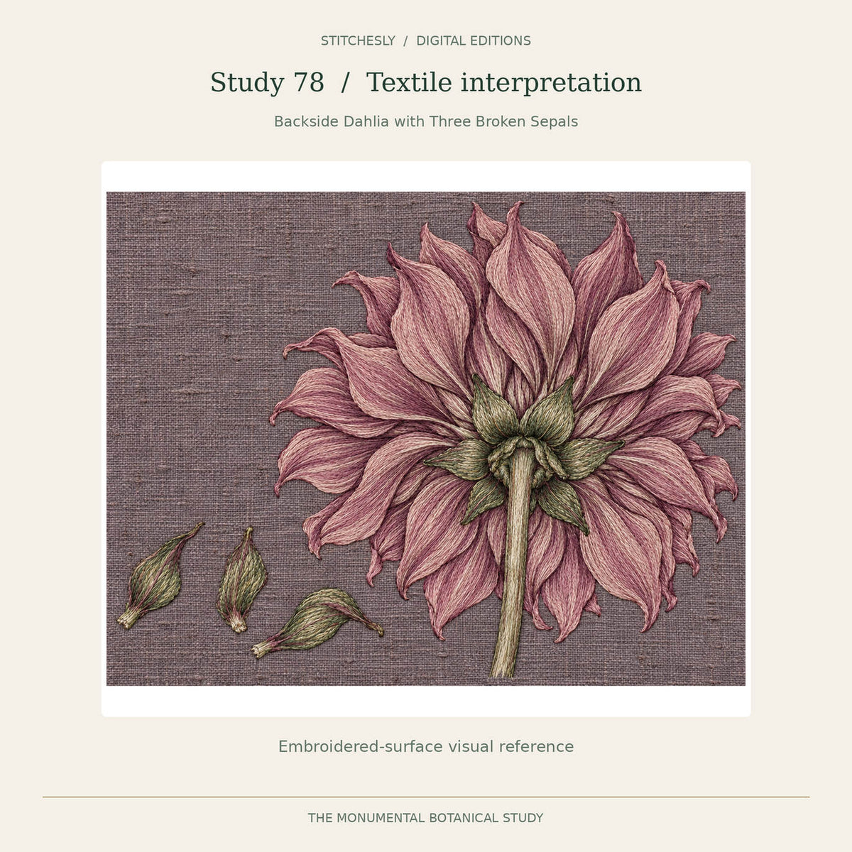 Study 78, Backside Dahlia with Three Broken Sepals, B embroidered textile interpretation from The Monumental Botanical Study. Full artwork shown with its original proportions.