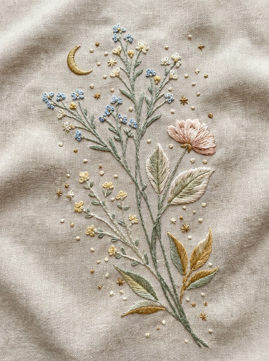 Moon And Floral Branch Motif Baby And Kids 3 Png from Baby & Kids Embroidery Book 4, a digital embroidery design reference for machine embroidery designs, embroidery patterns and baby and keepsake embroidery.
