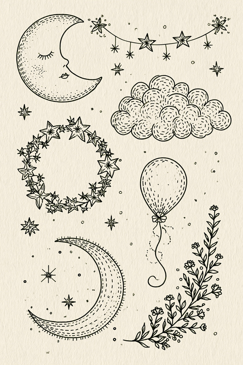 Moon Star And Dream Motif from Baby & Kids Embroidery Book 1, a digital embroidery design reference for machine embroidery designs, embroidery patterns and baby and keepsake embroidery.