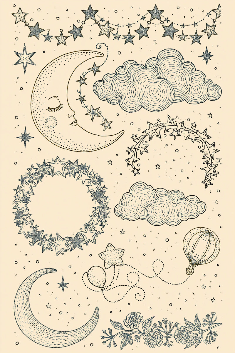 Moon Star And Dream Motif from Baby & Kids Embroidery Book 3, a digital embroidery design reference for machine embroidery designs, embroidery patterns and baby and keepsake embroidery.