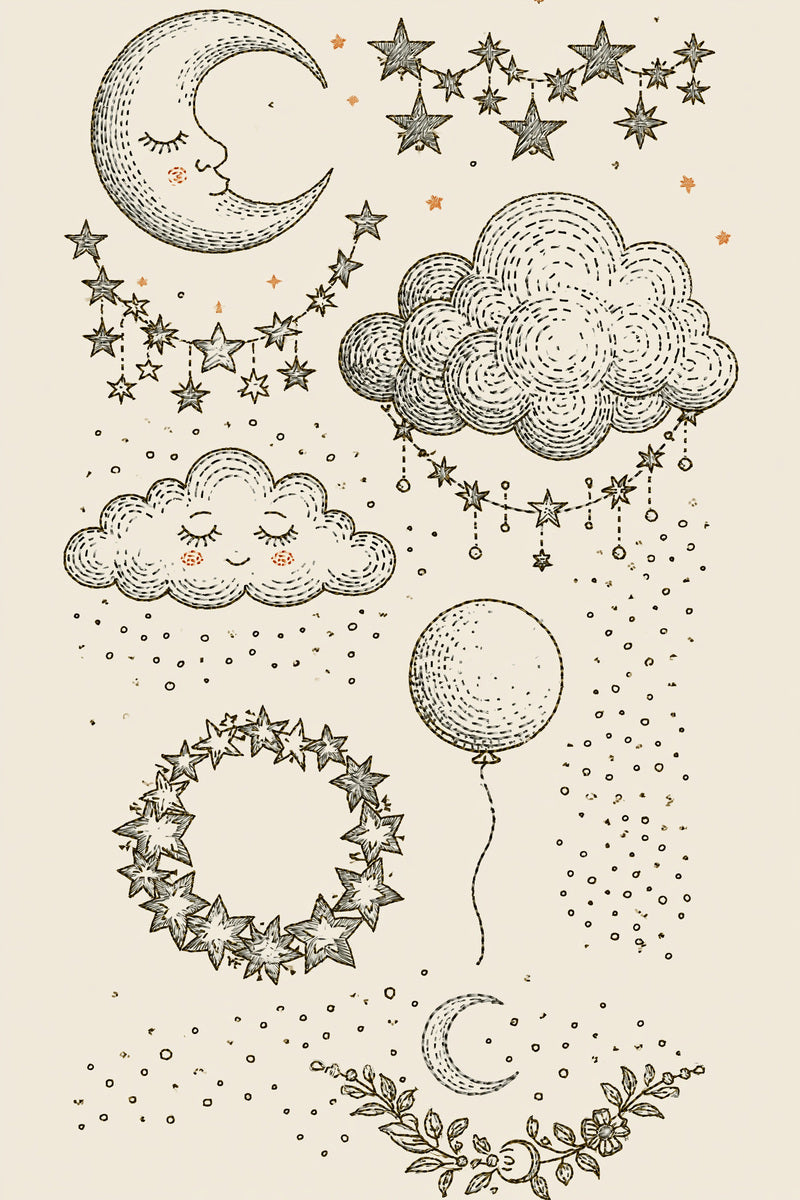 Moon Star And Dream Motif from Baby & Kids Embroidery Book 4, a digital embroidery design reference for machine embroidery designs, embroidery patterns and baby and keepsake embroidery.
